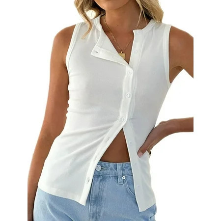 Women Button Down Vest Ribbed Summer Tank Tops Button Up Open Front Rib Shirt Sleeveless Slim Dressy Top Fashion White L | Walmart (US)