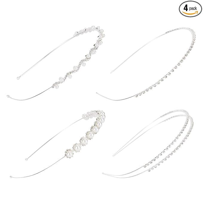 4 Pack Rhinestone Pearl Glitter Sparkly Silver Metal Hair Clasps Slim Thin Skinny Hard Headbands ... | Amazon (US)