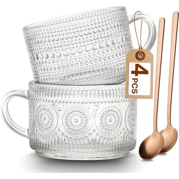 Vintage Coffee Mugs Set of 2, 14 oz Embossed Glass Cups with Handle, Clear Cups for Cappuccino, L... | Walmart (US)