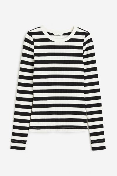 Ribbed jersey top - Sage green/Striped - Ladies | H&M GB | H&M (UK, MY, IN, SG, PH, TW, HK)