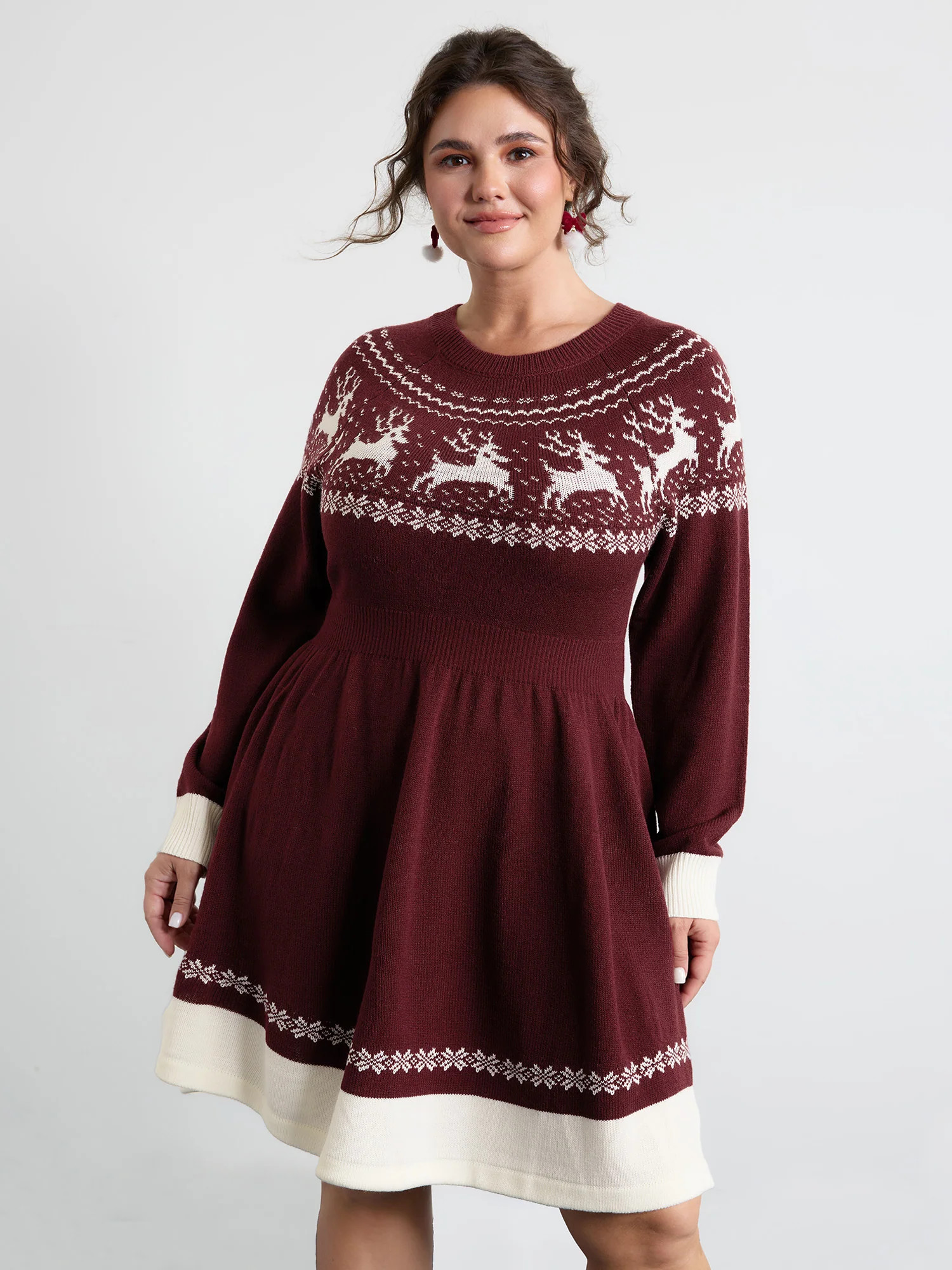 Reindeer Print Cinched-Waist Sweater Midi Dress | Bloomchic