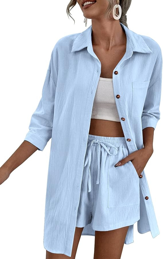 Zeagoo Women’s 2 Piece Lounge Tracksuit Outfit Sets Cotton Linen High Low Shirt and Drawstring ... | Amazon (US)