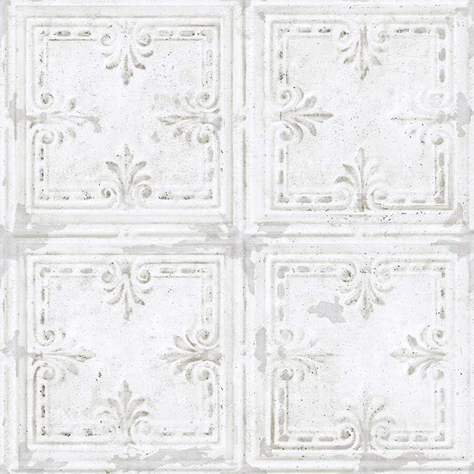 RoomMates RMK11209WP White Tin Tile Metallic Accent Peel and Stick Wallpaper, Roll | Amazon (US)