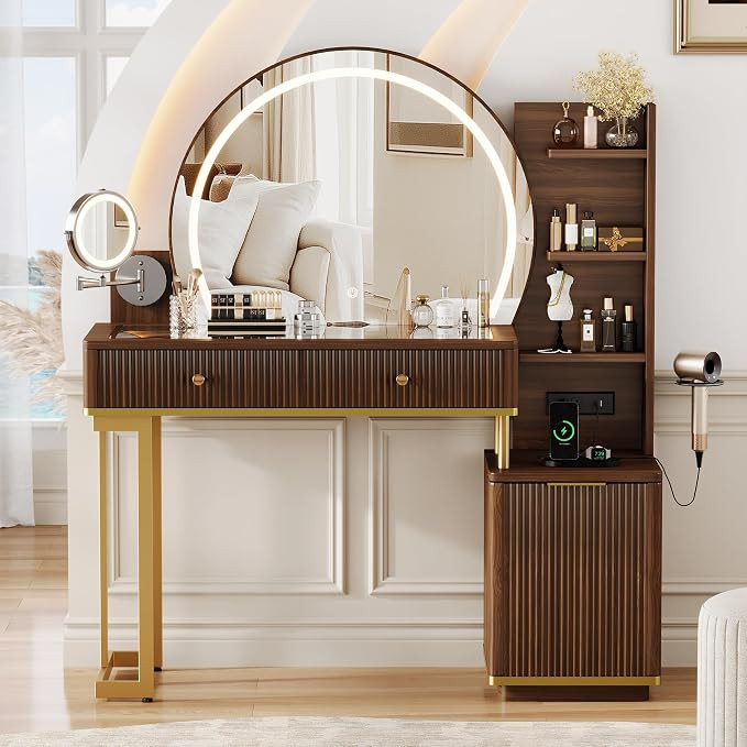 iPormis Makeup Vanity Desk with Round Mirror and Lights, Glass Top Vanity Table w/5x Magnifying M... | Amazon (US)