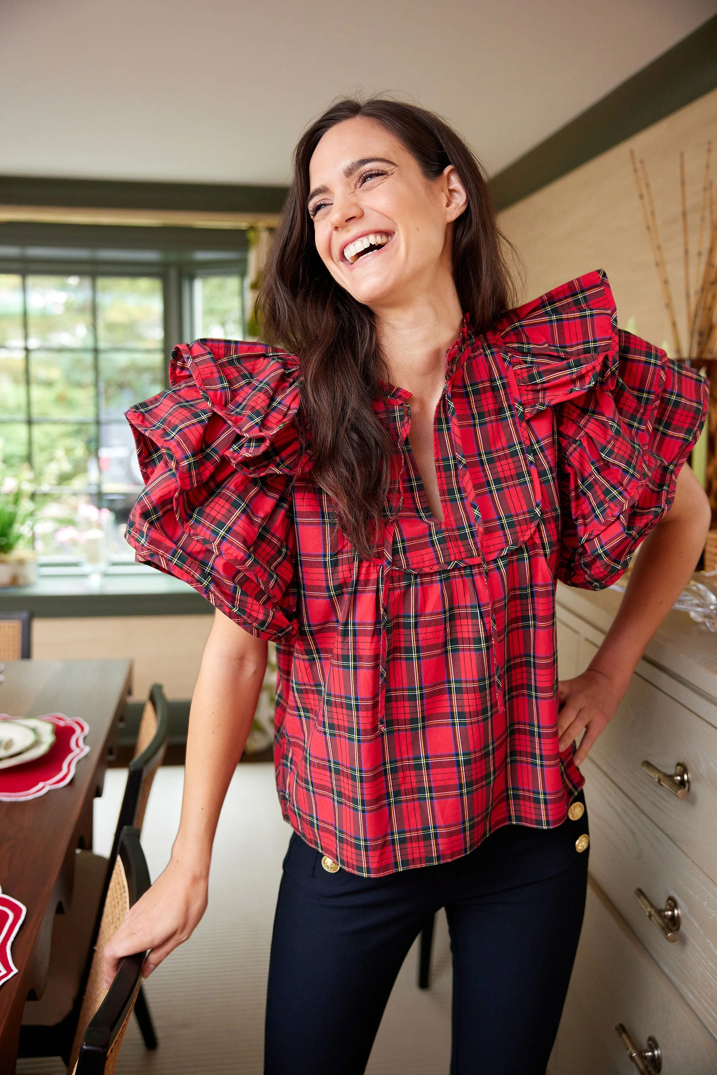 Red Plaid Ruffle Sleeve Top | Sail to Sable