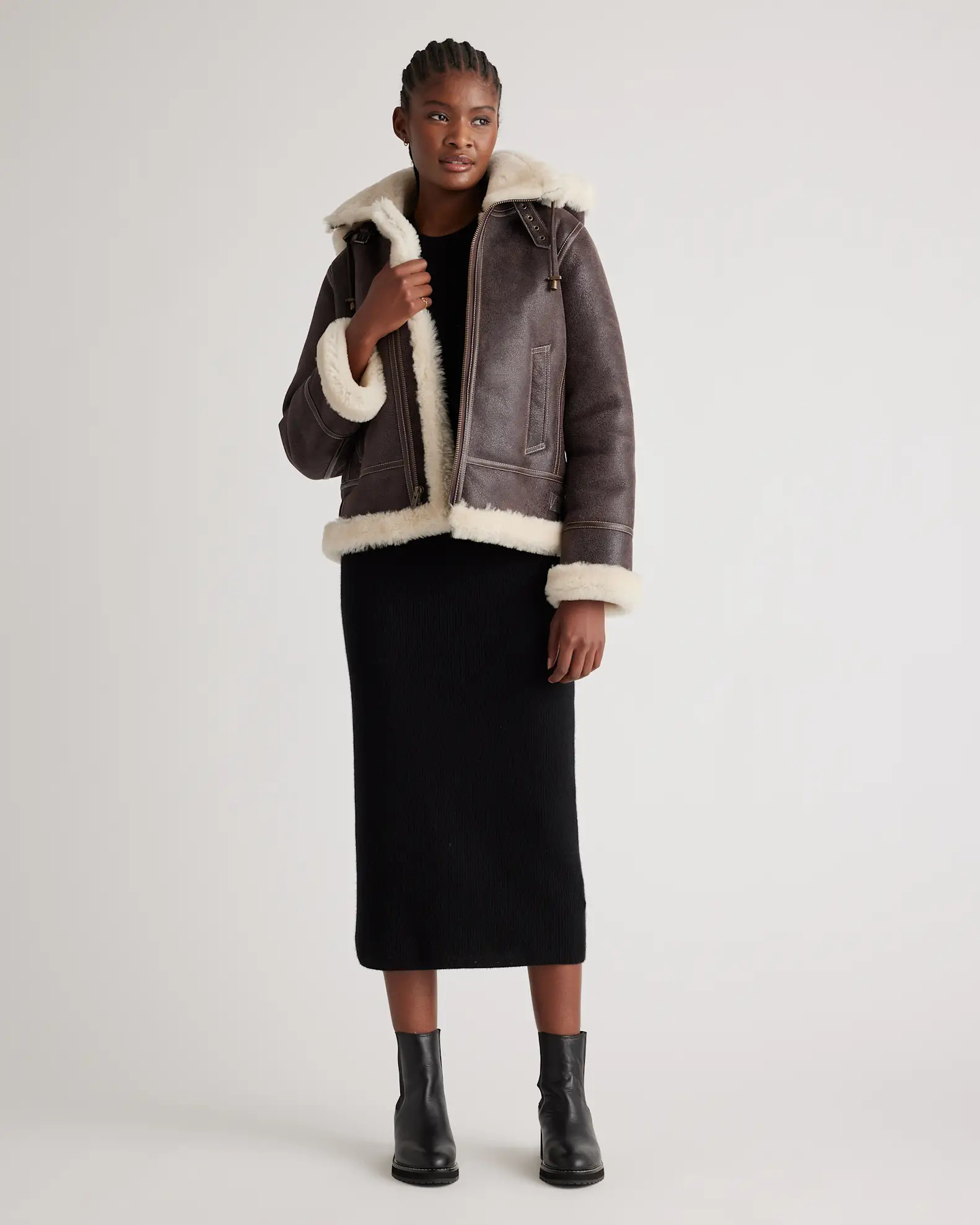 100% Shearling Cold Weather Bomber Jacket in Dark Brown | Quince