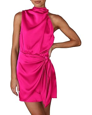 PRETTYGARDEN Women's Short Formal Satin Dress Summer Sleeveless Mock Neck Tie Waist Cocktail Part... | Amazon (US)