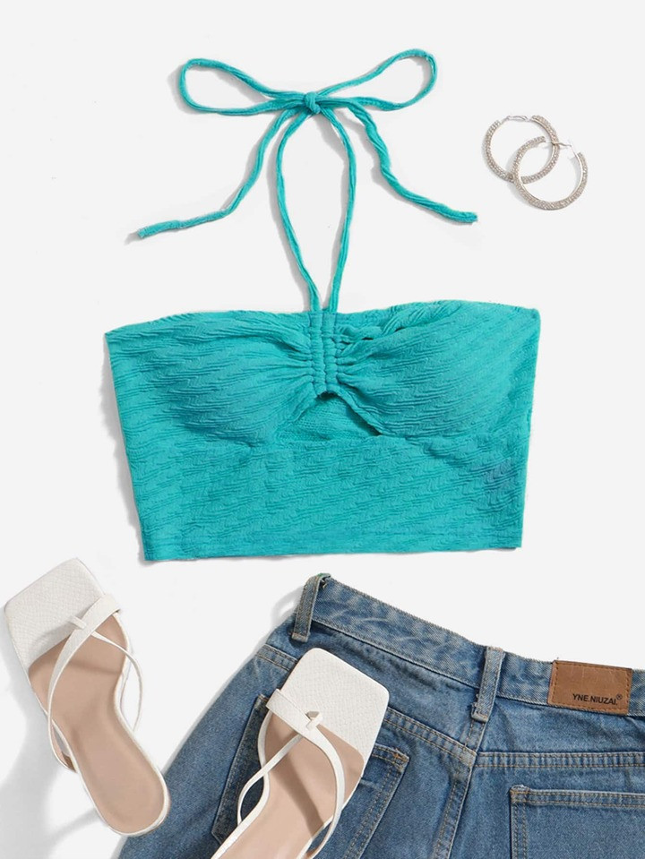 SHEIN WYWH WYWH Vacation Drawstring Cut Out Front Green Halter Going Out Crop Top | SHEIN