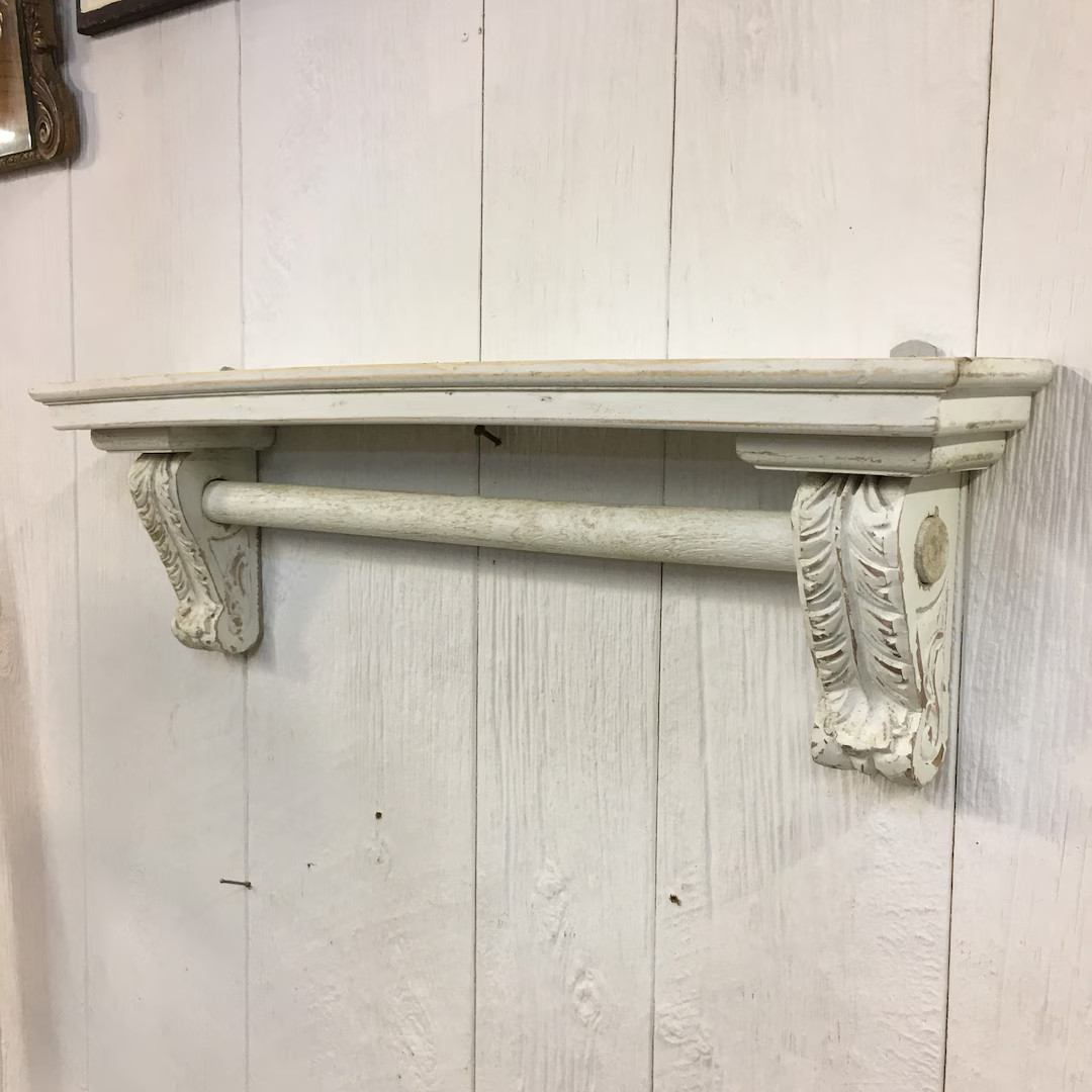 French Style White Washed Wooden Wall Shelf & Towel Holder Bar - Etsy | Etsy (US)