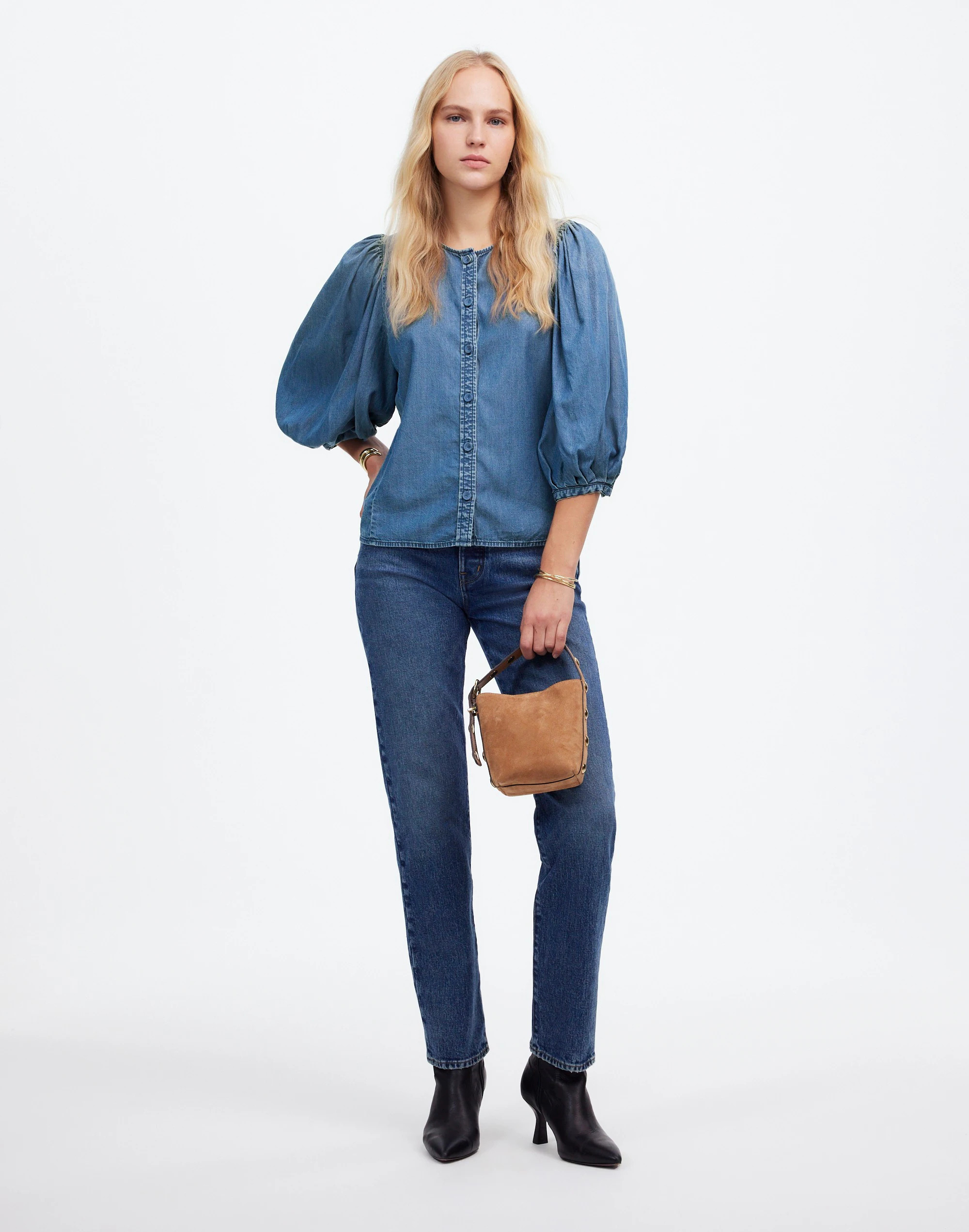 Denim Puff-Sleeve Button-Up Top in Kennebec Wash | Madewell