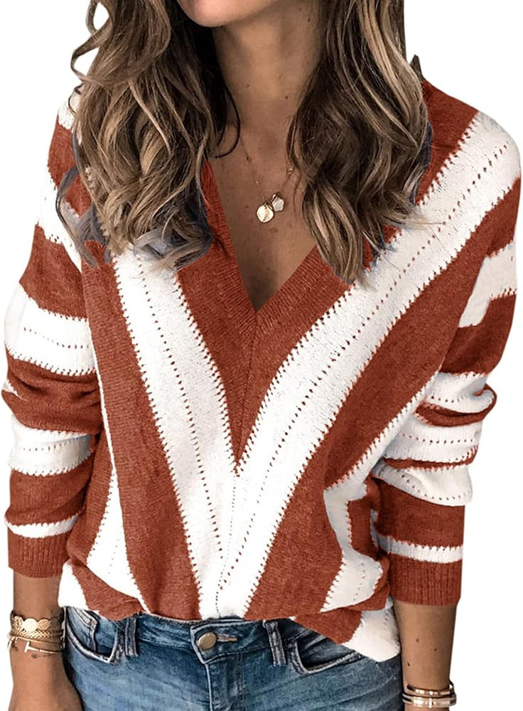 PRETTYGARDEN Sweaters for Women 2025 Long Sleeve Striped Knitted V Neck Pullover Jumper Tops Fall... | Amazon (US)
