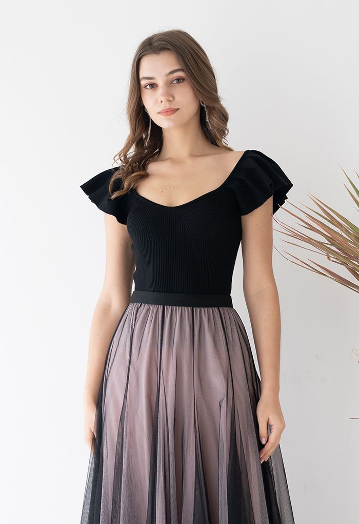 Flutter Sleeve Fitted Ribbed Knit Top in Black | Chicwish