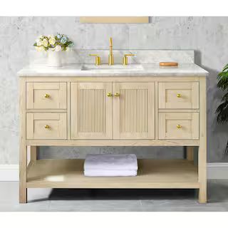 Arcott 49 in W x 22 in D x 35 in H Single Sink Fluted Bath Vanity in Natural Wood With Carrara Ma... | The Home Depot