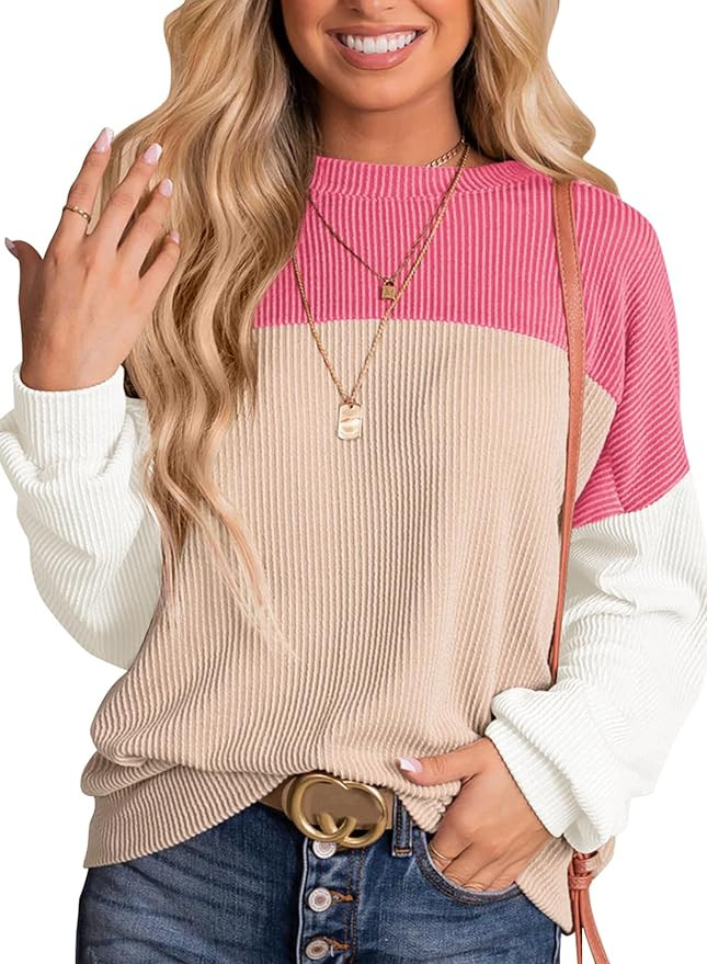 Dokotoo Womens Tops Fashion 2026 Color Block Long Sleeve Shirts Crewneck Knitted Casual Loose Pul... | Amazon (US)