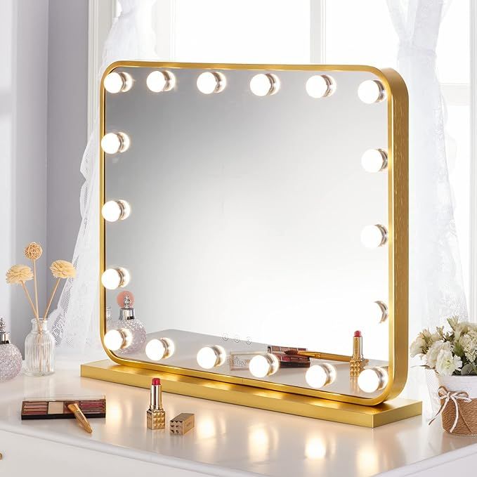 LUXFURNI Vanity Mirror with Lights, Makeup Mirror with Lights 18 Dimmable Bulbs, Hollywood Lighte... | Amazon (US)