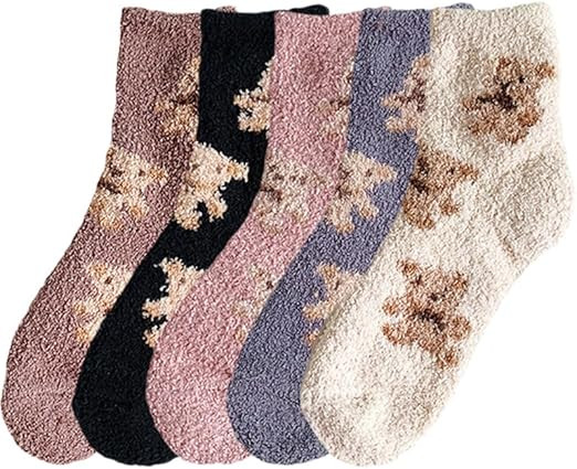 Fuzzy Bear Fall Kawaii Socks for Women Teen Girls Cute Cozy Fluffy Animal Japanese Home Sleeping | Amazon (US)