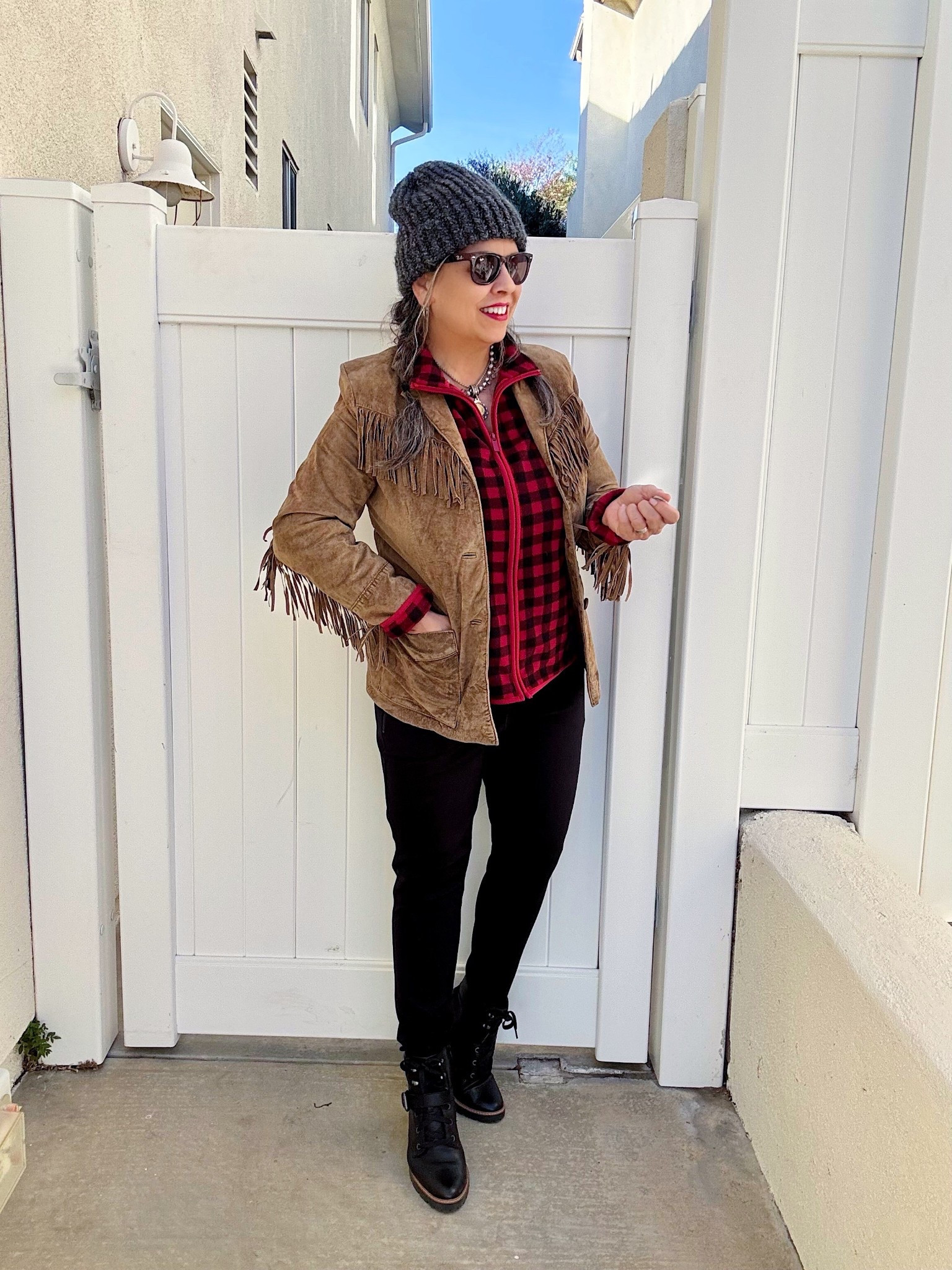 Let’s combine Buffalo plaid with fringed suede just like Ralph Lauren does! I knitted this beanie, but there are plenty available  online! #jacket #casualstyle #boots Unable to link my fabulous French Kande necklace , but found some fun look-alike versions for you! 

#LTKSeasonal #LTKFindsUnder100 #LTKootd