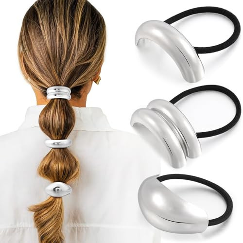 3PCS Silver Hair Ties, Metal Hair Ties for Thick Hair, Elegant Durable Geometric Design, Silver Hair Accessories Stretchy and Non-Damage Ponytail Holders, 3 Styles in Box Gifts Holiday | Amazon (US)
