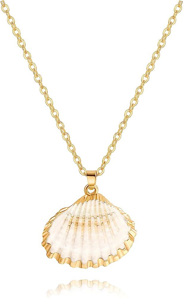 Natural Seashell Shell Scallop Pendant Choker Necklace Adjustable 18K Gold Plated Cable Chain Han... | Amazon (US)