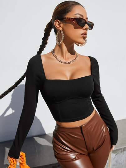 SHEIN Rib-knit Solid Crop Top | SHEIN