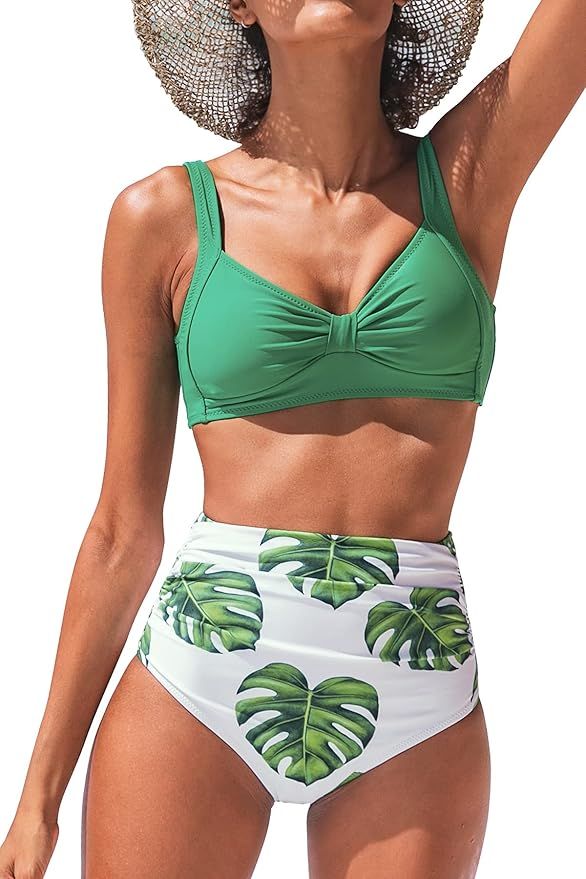 CUPSHE Women's High Waist Bikini Swimsuit Floral Print Knot Two Piece Bathing Suit | Amazon (US)