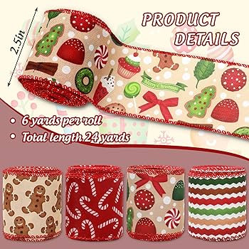 Christmas Wired Edge Ribbons Gingerbread Man Candy Cane Ribbons Xmas Fabric Ribbons for Wreath Bo... | Amazon (US)