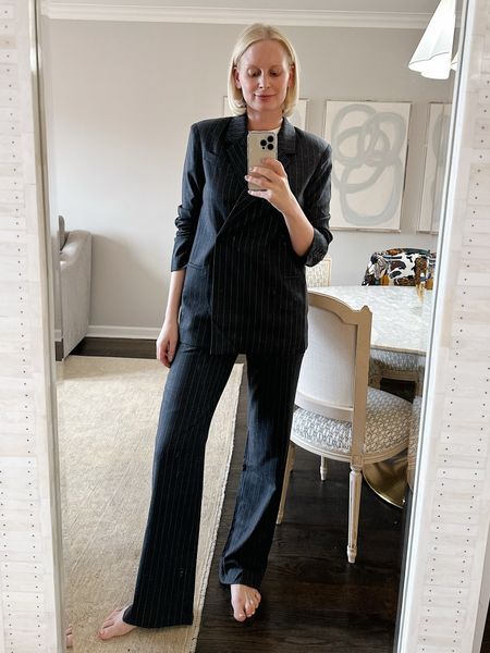 Love this pinstripe suit! The pants are SO soft and comfortable! Wearing a small in the blazer and US4 in the pants. 

#LTKstyletip #LTKworkwear