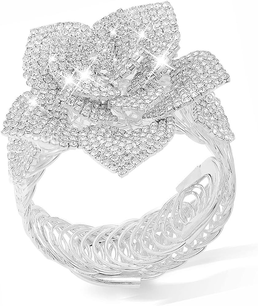 Jojomina Flower Rhinestone Bracelet for Women Girls Silver Crystal arm Cuff Prom Bracelet Jewelry for Party Wedding Dating | Amazon (US)