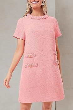 Ladyful Womens Tweed Jackie Dress Short Sleeve Elegant Crew Neck Business Party Vintage Button Bo... | Amazon (US)