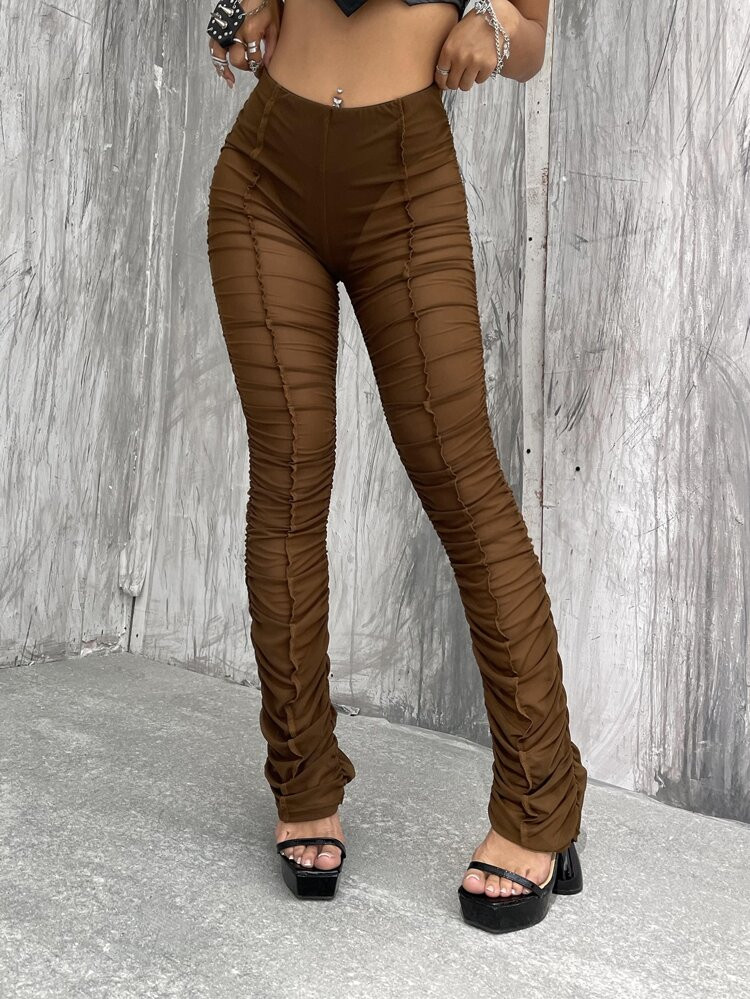 90s 2 In 1 Mesh Ruched Stacked Pants | SHEIN