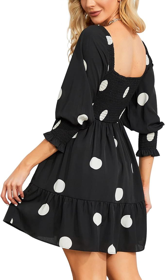 EXLURA Womens Square Neck Off Shoulder Dress 3/4 Puff Sleeve Polka Dot Ruffle Smocked Vintage Min... | Amazon (US)