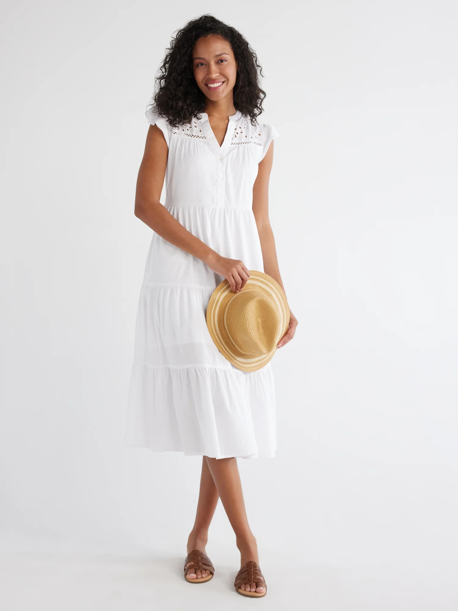 Time and Tru Women's Broderie Anglaise Yoke Midi Dress, Sizes XS-XXXL - Walmart.com | Walmart (US)