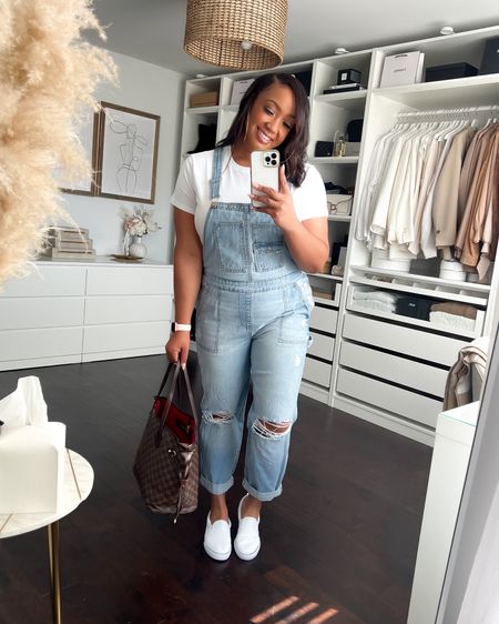 Loooove these overalls!! Literally soo cute and flattering! I kept my true size Large and they’re perfect. They’re an oversized boyfriend fit. I paired with this box tee that I also kept my true size Large in. This Louis Vuitton inspired Neverfull bag is awesome!! And under $50! Paired with my fav slip on sneakers that I wear my true size 9 in and it’s a super cute fit! 

#LTKfindsunder50 #LTKmidsize #LTKstyletip