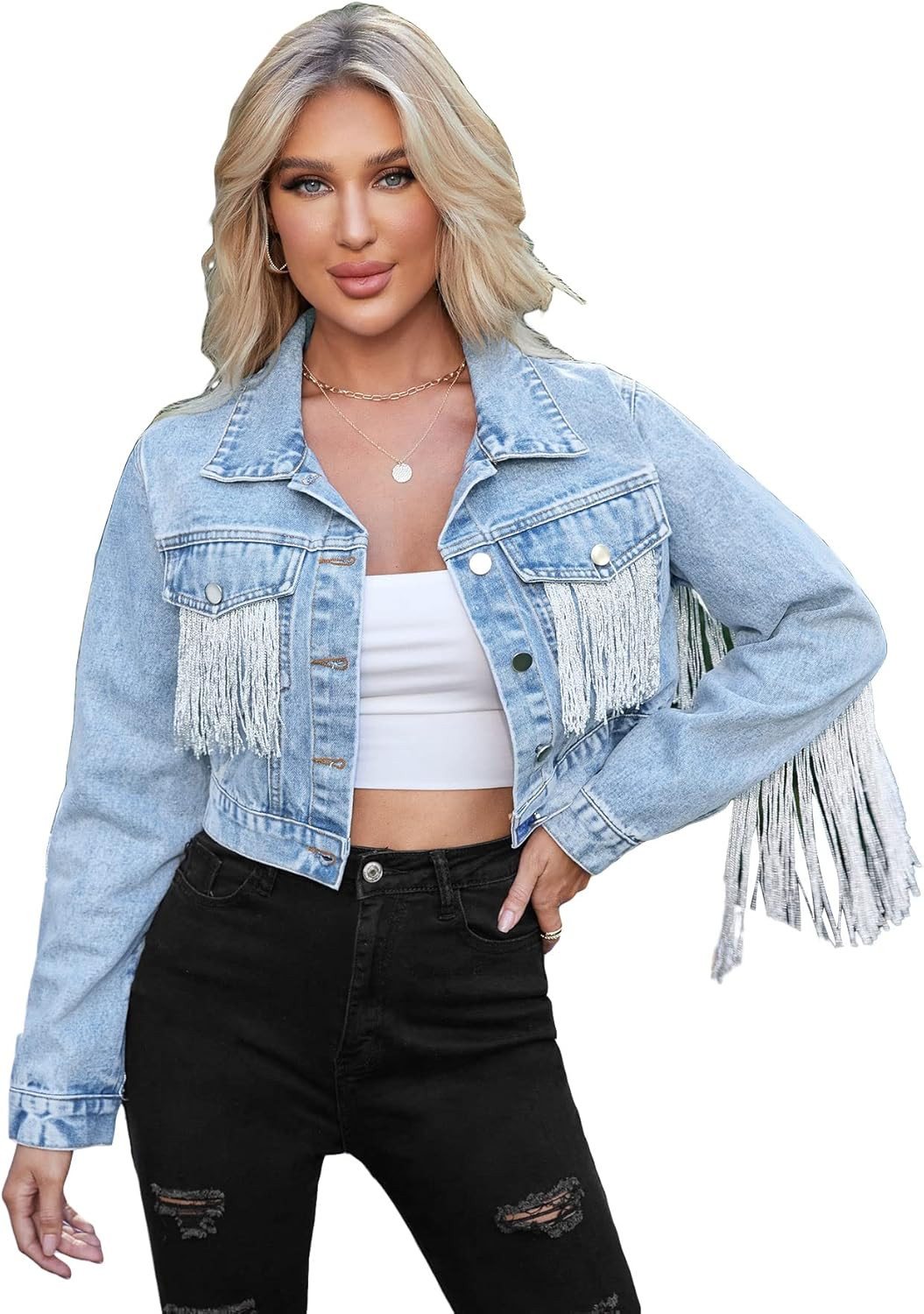 WDIRARA Women's Fringe Long Sleeve Flap Detail Button Down Casual Crop Denim Jacket | Amazon (US)
