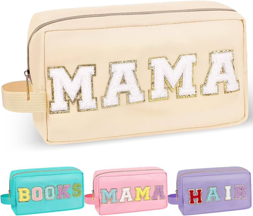 Chenille Letter Makeup Bag Mama Pouch, Nylon Preppy Patch Makeup Bag Small Travel Makeup Zipper P... | Amazon (US)