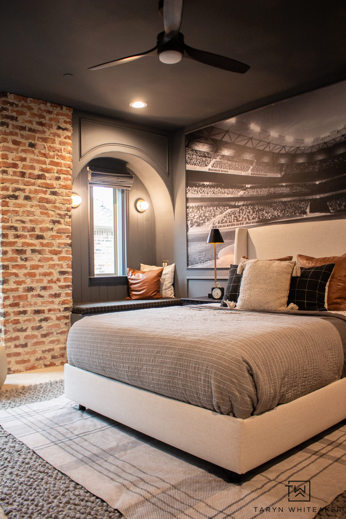 This room has ALL the character 🖤 The moody walls, exposed brick + built-in window seat make this bedroom feel so cozy and unique. Such a good mix of modern and vintage!

#LTKSeasonal #LTKHome
