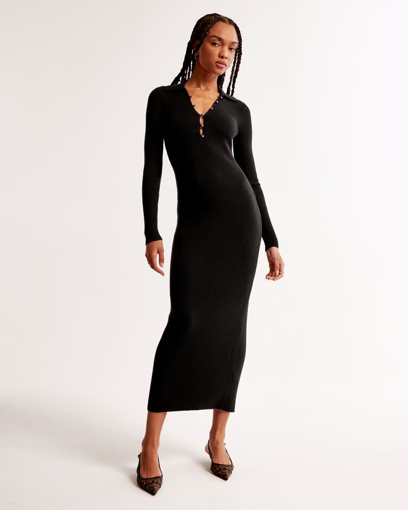 Women's Long-Sleeve Collared Midi Sweater Dress | Black Midi Dress | Black Dress Outfit  | Abercrombie & Fitch (US)