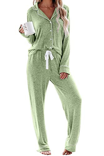 Aamikast Pajama Set for Women Button Down Soft Long Sleeve Pjs Sleepwear Sets (Light Green,XL) | Amazon (US)
