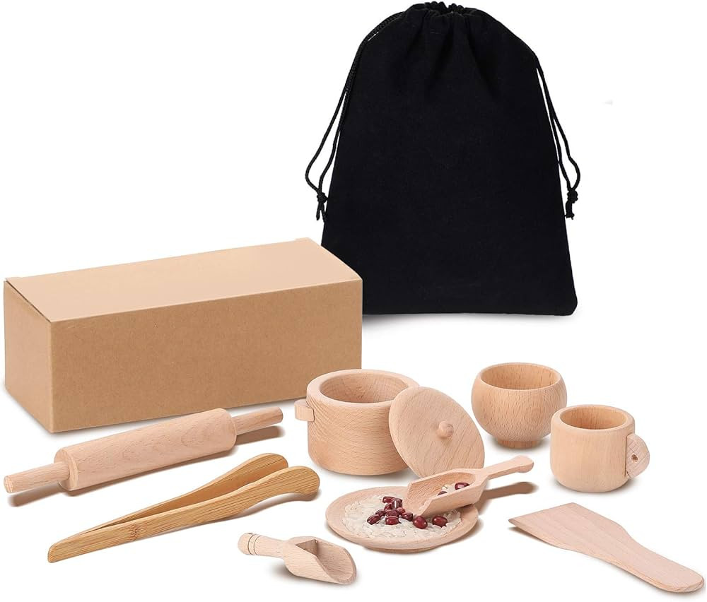 9 Pieces Sensory Bin Tools Montessori Toys Dish Toys Mini Wooden Scoops and Wooden Tongs for Fine... | Amazon (US)