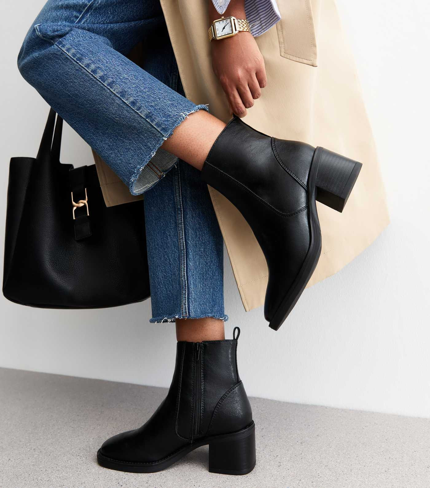 Black Faux Leather Block Heel Ankle Boots | New Look | New Look (UK)