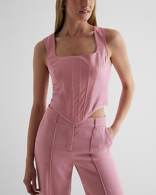 Faux Leather Linen-Blend Square Neck Corset Tank | Express