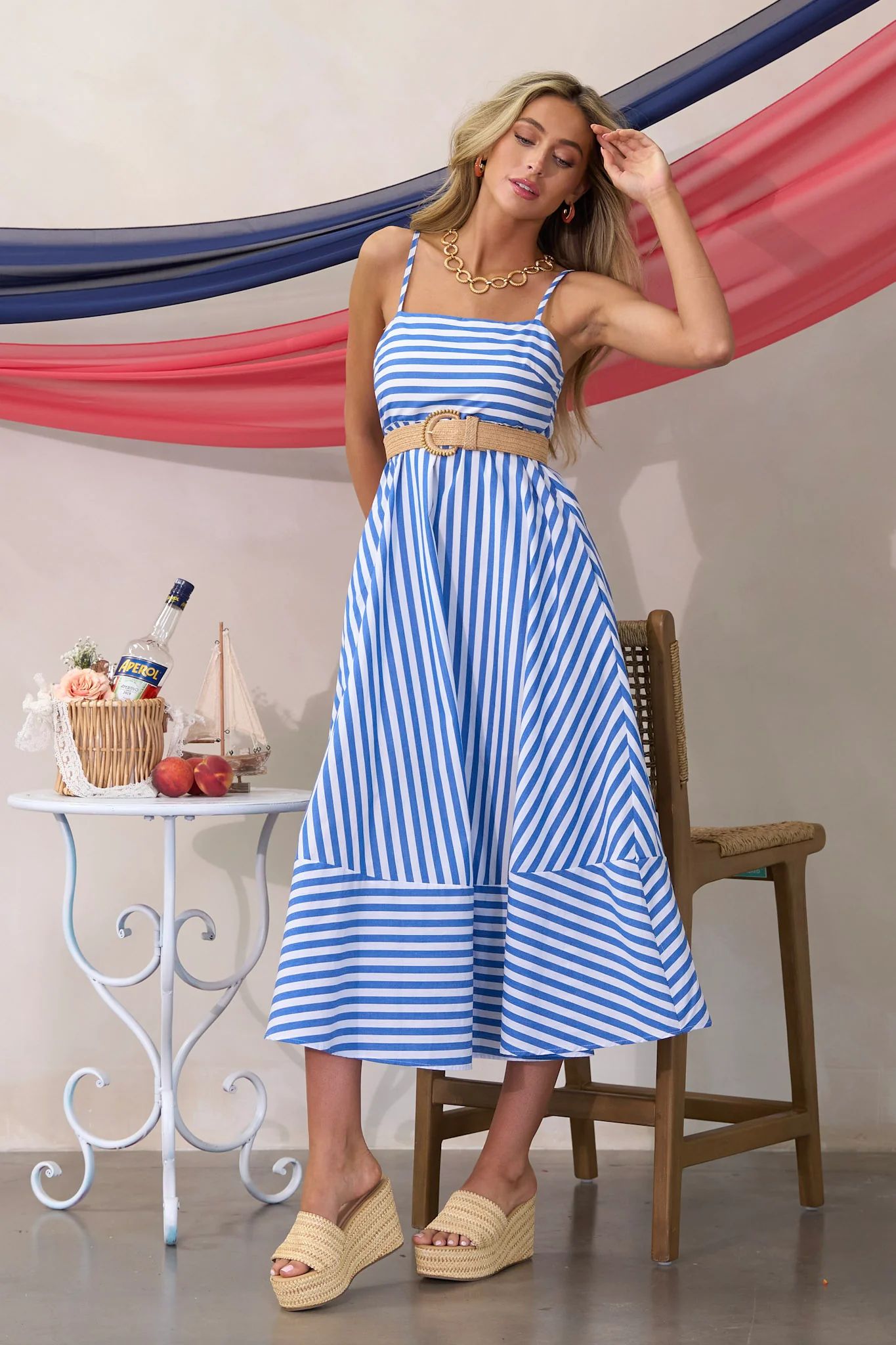 Serene Stunner 100% Cotton Blue Stripe Midi Dress | Red Dress