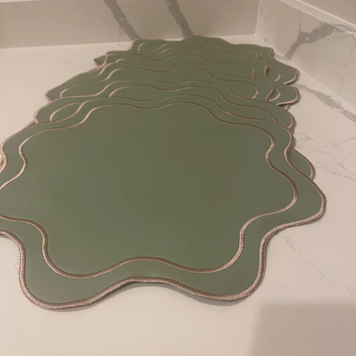 Set of 4 Green Embroidered Faux Leather Placemat Scalloped Edge, Elegant Dining Mat - Etsy | Etsy (Global)
