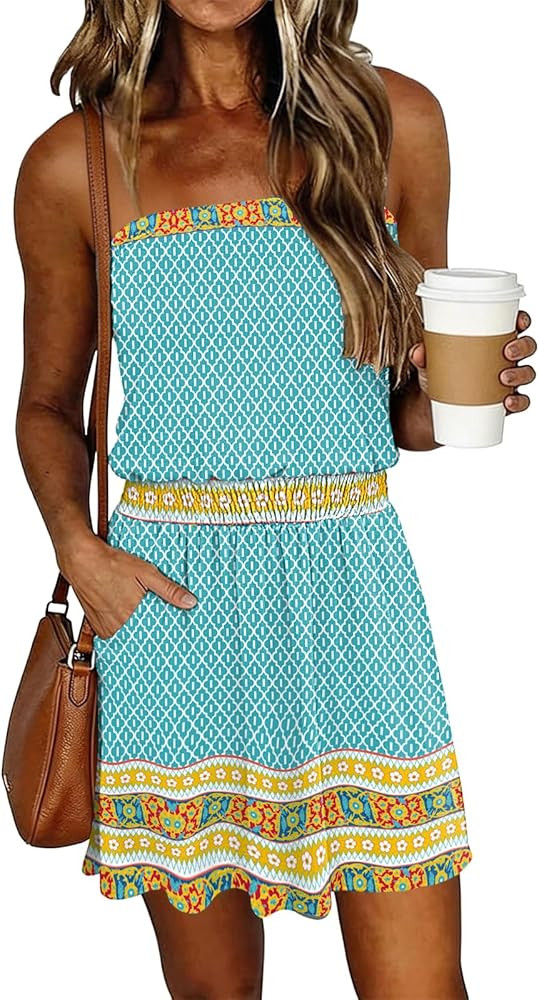 SAUKOLE Summer Dresses for Women Bandeau Strapless Smocked Elastic Waist Sundress Tube Mini Dress... | Amazon (US)