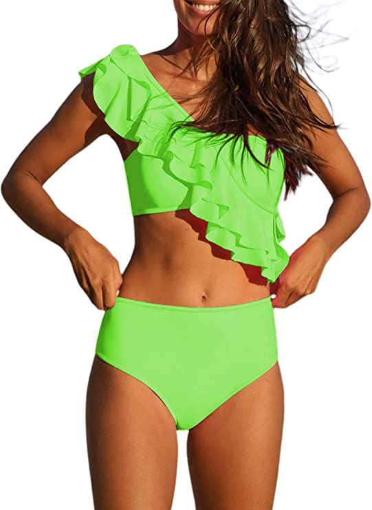 Hilinker Women's Ruffle One Shoulder Bikini High Waist Bikini Swimsuit 2 Piece Bathing Suit | Amazon (US)