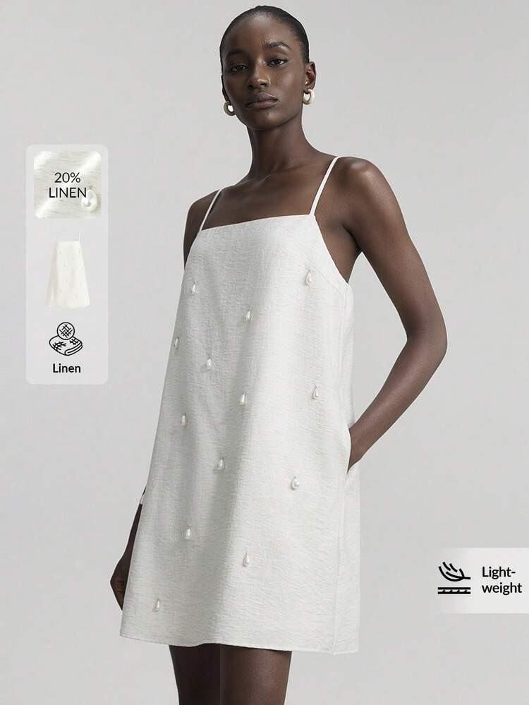 Ontre 2025 New Loose A-Line White Dress, Comfortable Casual Style With Pearl Decor, Short Slip Dress, Suitable For Beach, Vacation, Bohemian, Summer Music Festival, Western Style, High-Quality Fabric | SHEIN