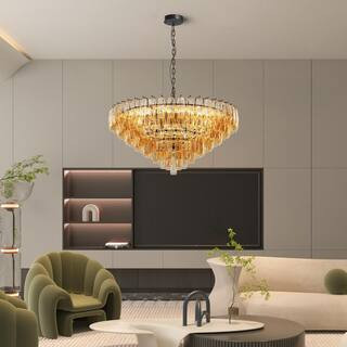 Home Lighting 37 in. 14-Light Black Round Extra Large Modern Chandelier with Tiered Smoke Glass Tubes for Dining/Room | The Home Depot