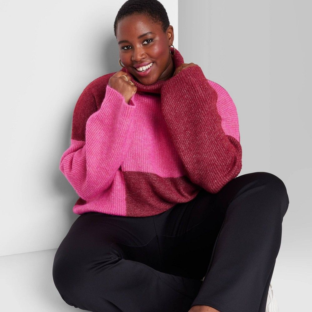 Women's Plus Size Cropped Turtleneck Pullover Sweater - Wild Fable Magenta Colorblock 3X, Pink Color | Target