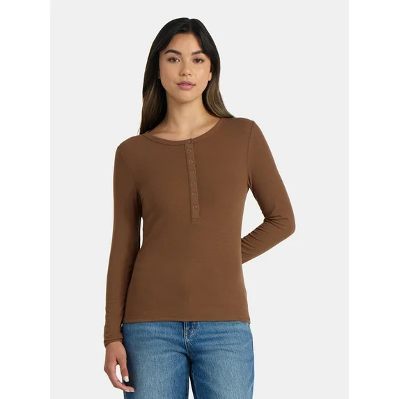 Time and Tru Women's Ribbed Henley Shirt with Long Sleeves, Sizes XS-XXXL | Walmart (US)