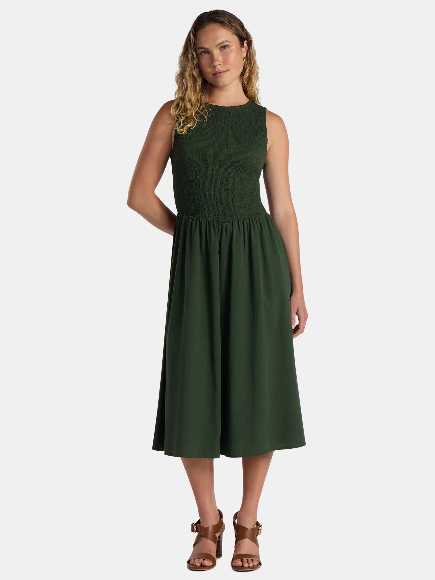 Time And Tru Women's Smocked Woven Midi Dress, Sizes XS-3XL | Walmart (US)